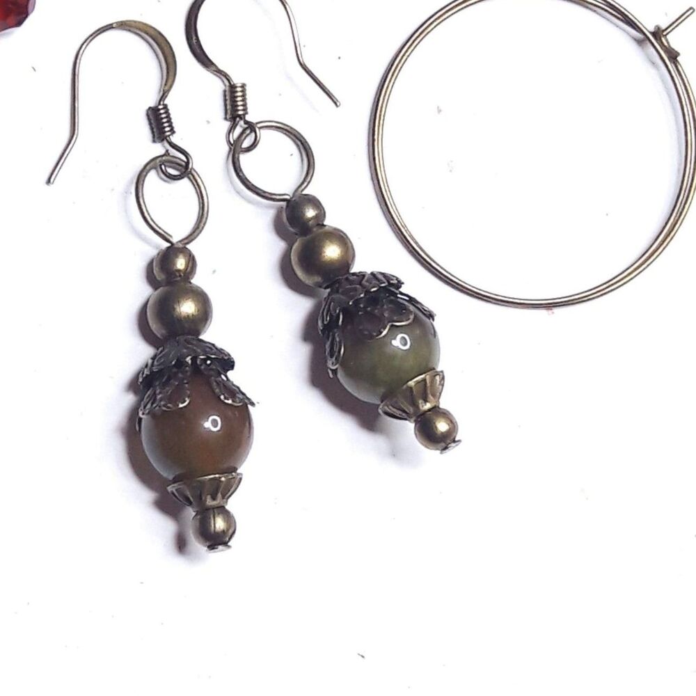 Artisan earrings  543# bohemian Agate earrings earth colors bronze wire hand ma